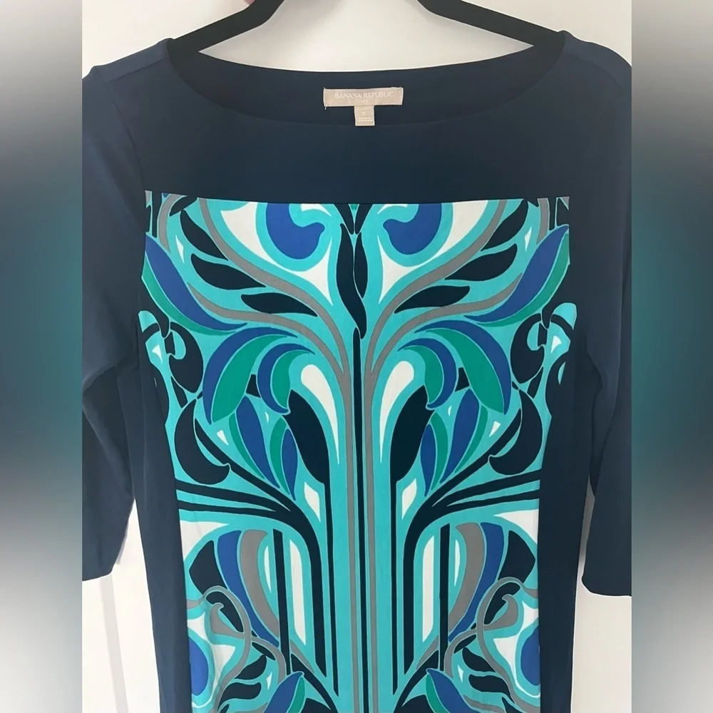 EUC Banana Republic Teal & Navy Retro Boat Neck 3/4 Sleeve Artsy‎ Dress, Small - Picture 2 of 6